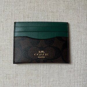 NWT Coach Signature Slim ID Credit Card Case Holder Brown and Dark Pine Leather